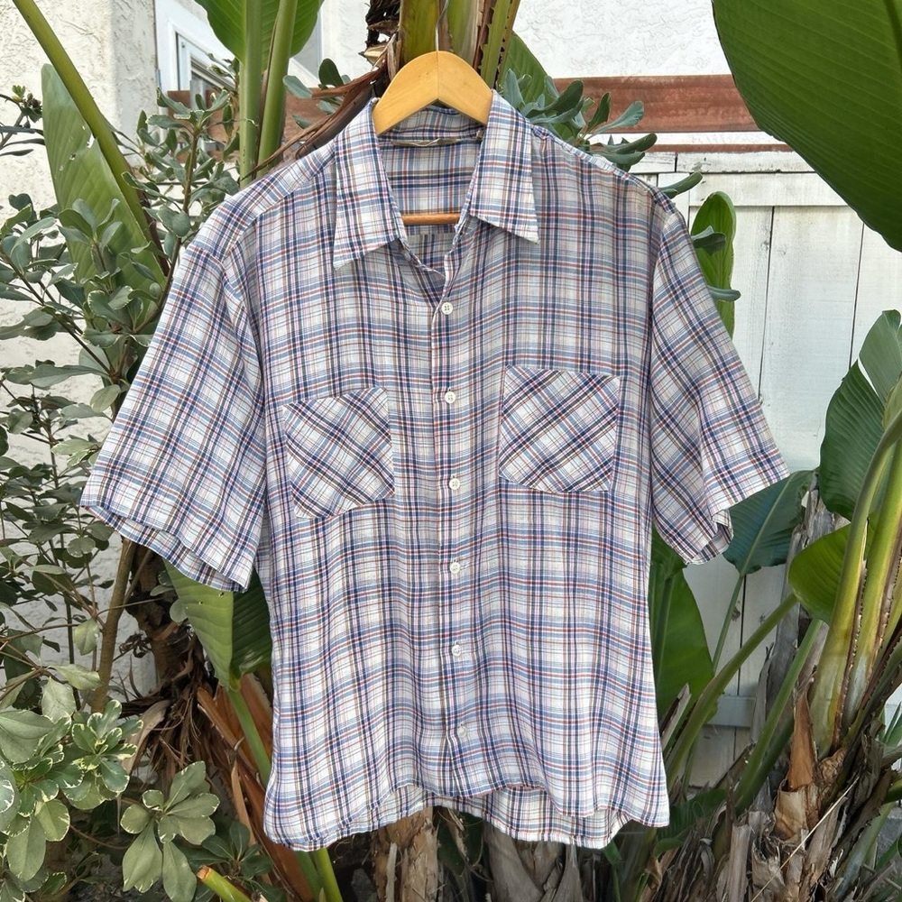 Vintage 1990s Wedgefield Plaid Short Sleeve Shirt L Cotton Poly Taiwan